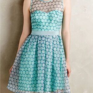 Moulinette Soeurs Anthropologie Blue Fit & Flare Mesh Overlay Dress Size 6